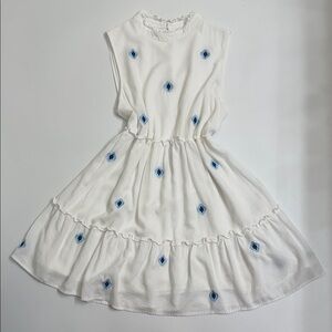 J. Marie Embroidered Tiered Dress Linen Blend Blue Motif Cottagecore L
